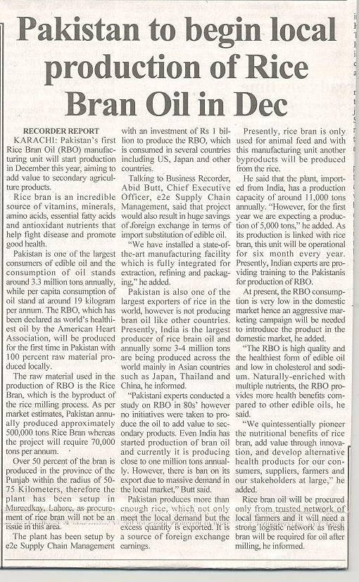 Pakistan to begin local production of rice bran oil in Dec